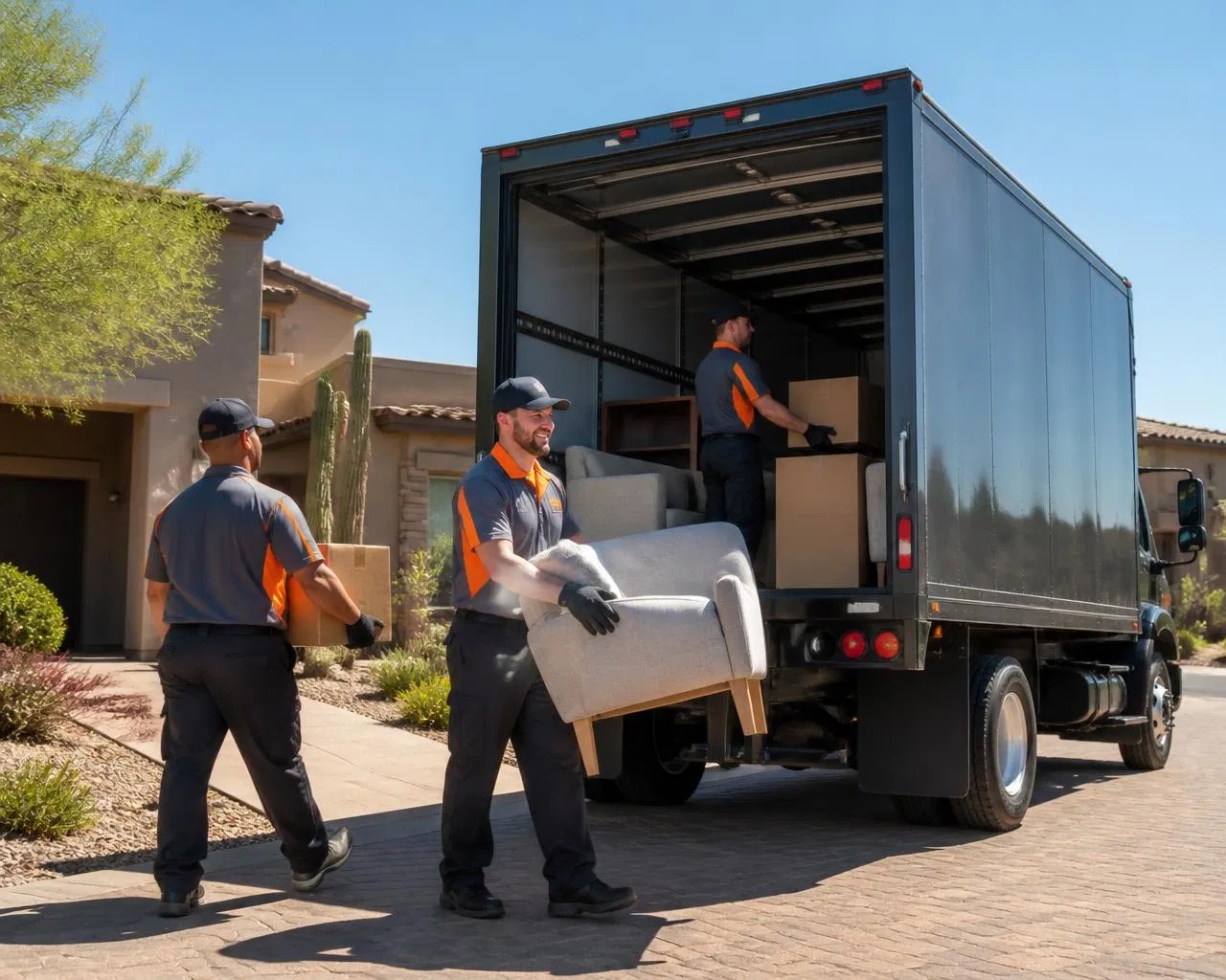 AZ Quick Haul crew carrying an armchair and boxes into a moving truck outside a Phoenix home
